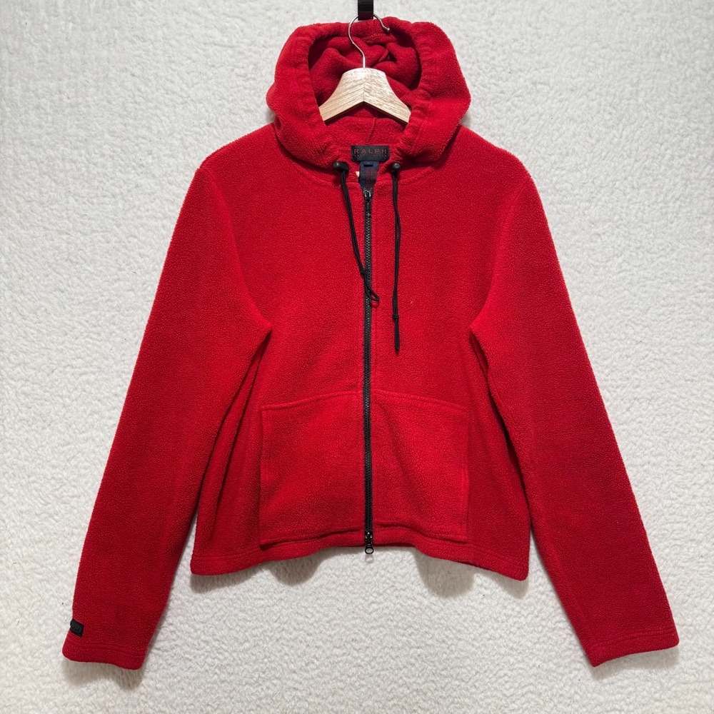 Ralph Lauren Womens L Red Fleece Crop Hooded Full Zip Pockets Sweater Jacket